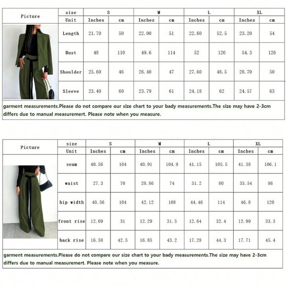 Elegant Green Women's Blazer Jacket & Wide Leg Pants 2-Piece Set - Picture 3 of 12